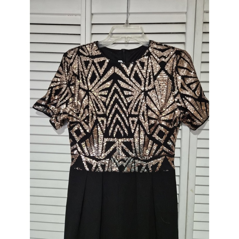 JJ's House Women Black Rose Gold Sequin Geometric Wide Leg Jumpsuit Size M NEW